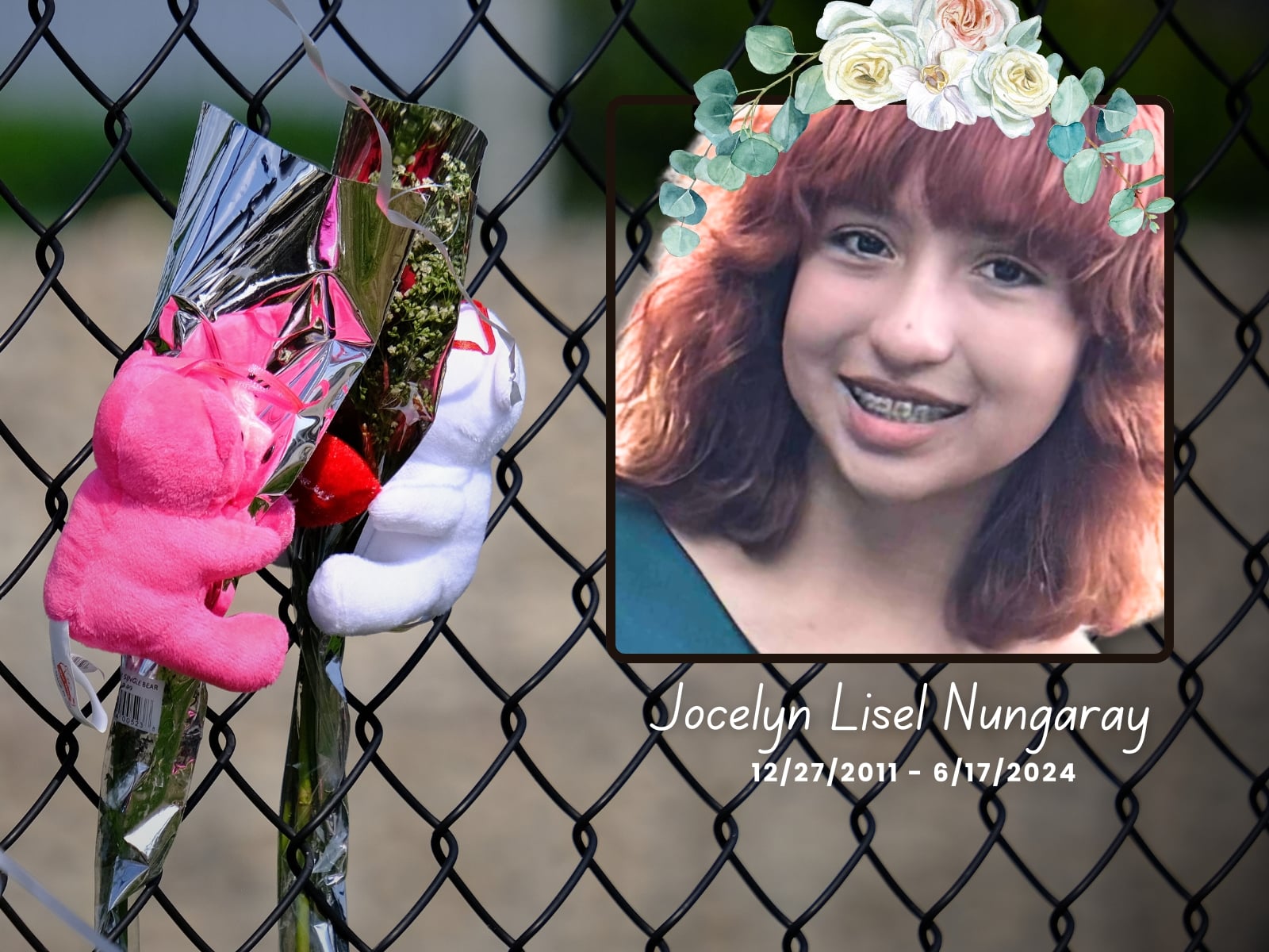 Fotografía de Jocelyn Nungaray junto a un ramo de flores.