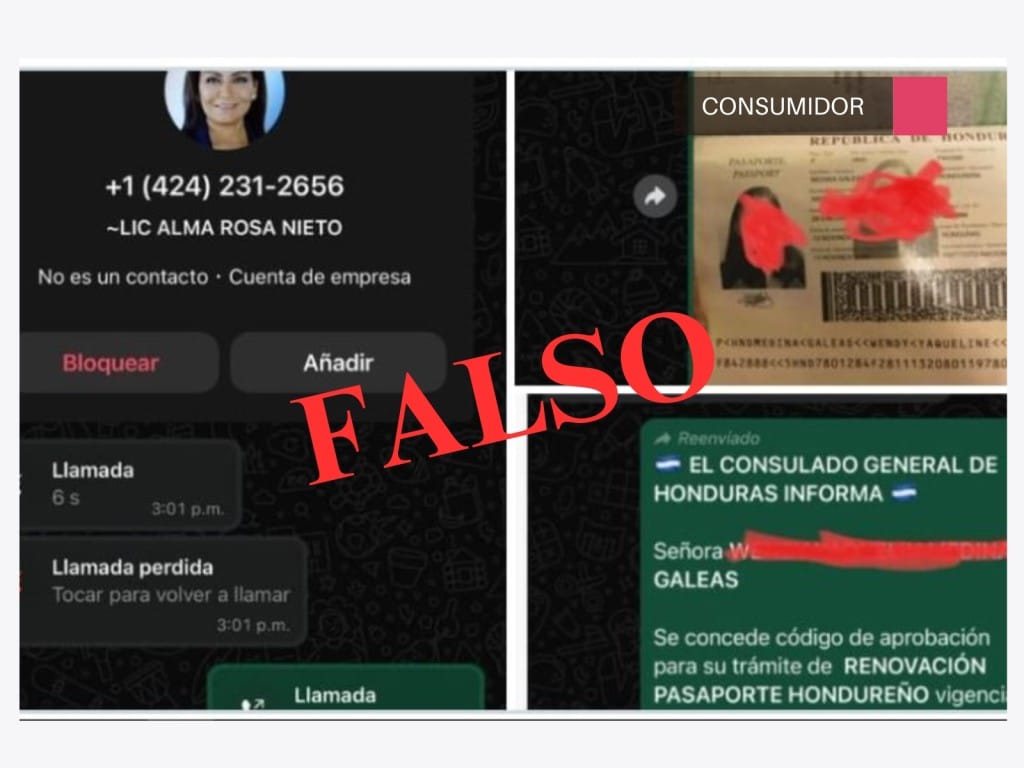 Captura de pantalla de datos de contacto y conversación con supuesta vendedora de pasaportes falsos y letrero que dice "Falso".