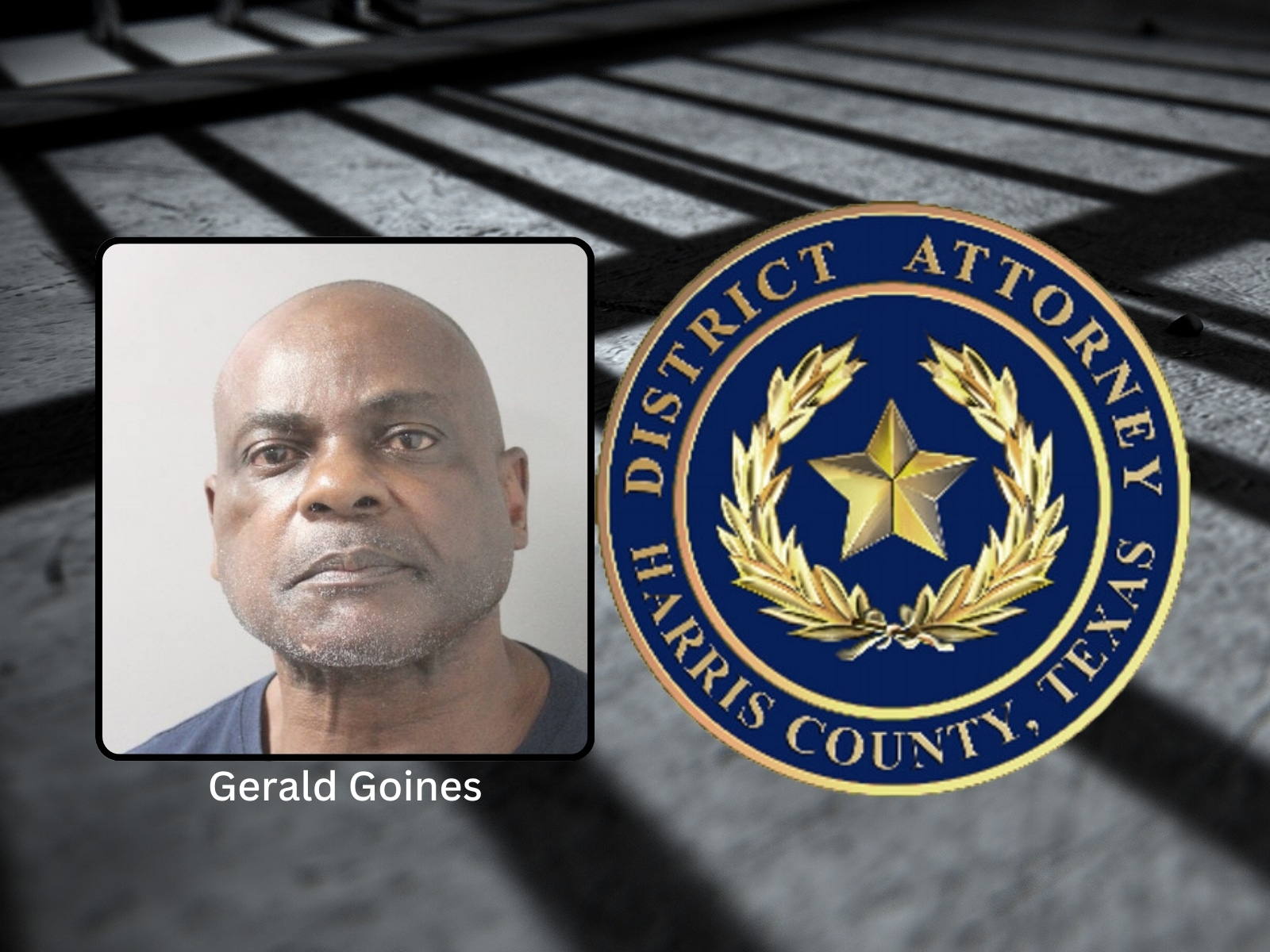Foto de prontuario de Gerard Goines y logo de la Oficina del Fiscal de Distrito del Condado Harris