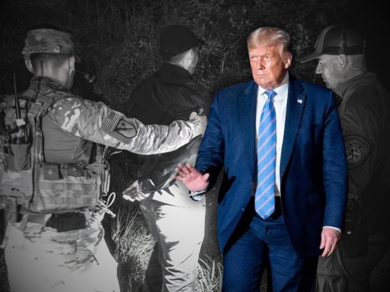 Ilustración que incluye soldados de la Guardia Nacional del Ejército de Texas y al presidente Donald Trump