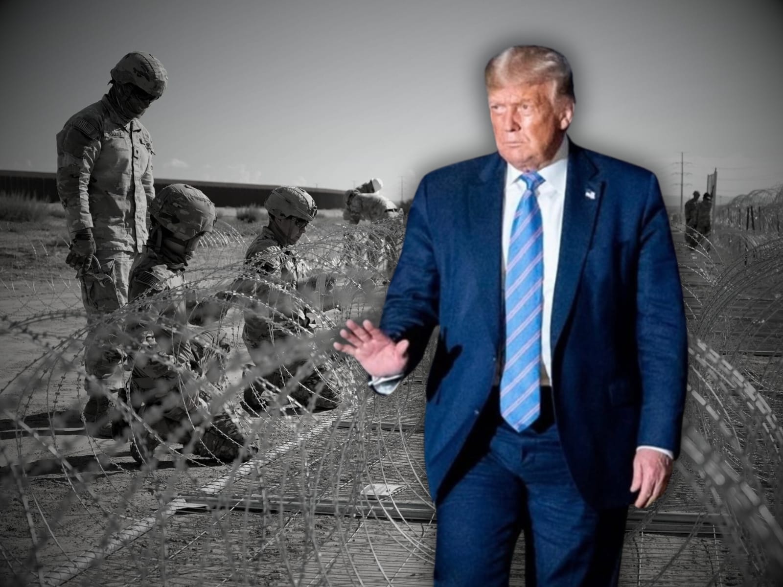 (De izquierda a derecha) Soldados del Departamento Militar de Texas y el presidente Donald Trump